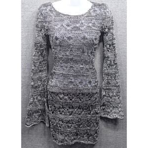 EGO Womens Dress - Black/White, Loose Knit See Thru, Flare Sleeves, Bodycon, S